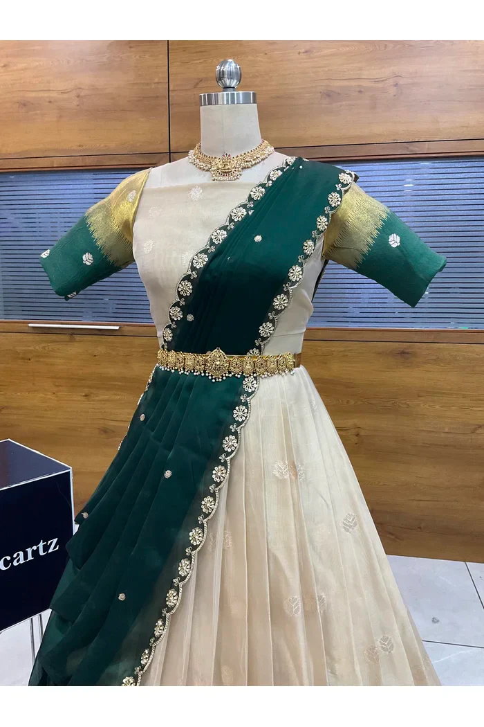 Beautiful South Indian Style Unstitch Half Saree with Blouse and Hand Work Rangoli Dupatta for Women | Dharani - Image 4