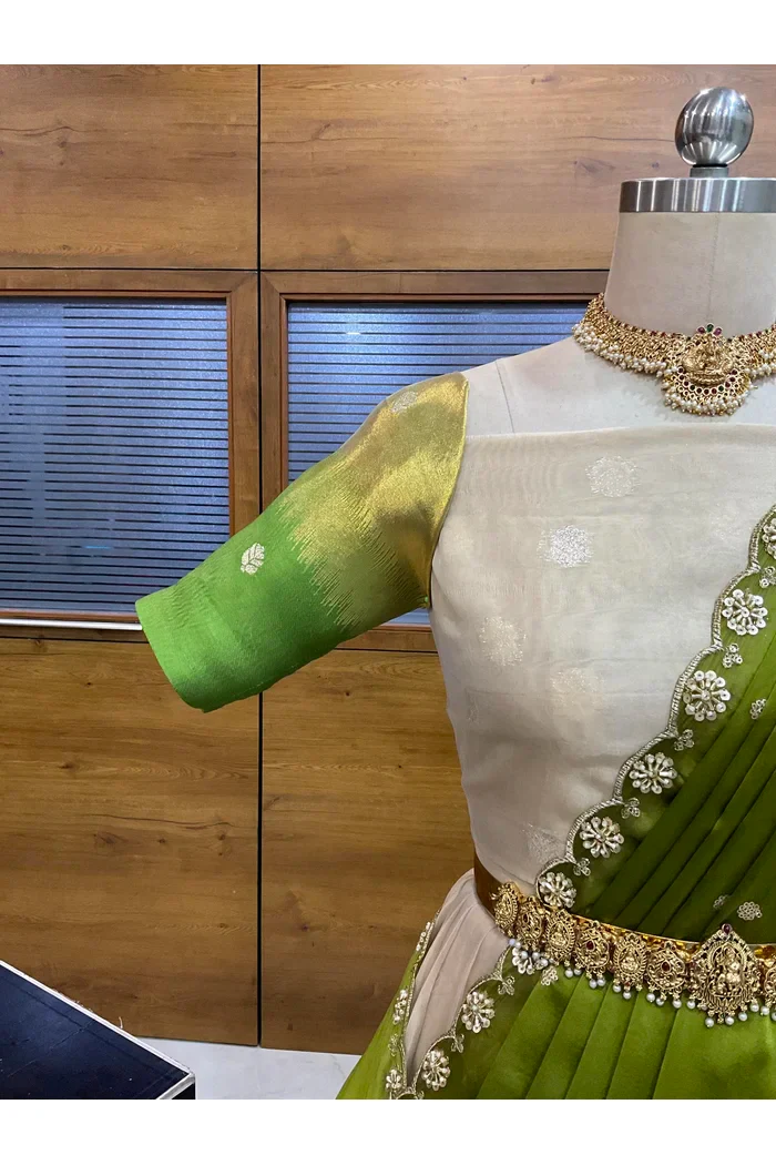 Beautiful South Indian Style Unstitch Half Saree with Blouse and Hand Work Rangoli Dupatta for Women | Dharani - Image 40