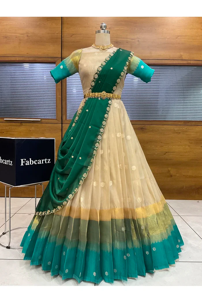 Beautiful South Indian Style Unstitch Half Saree with Blouse and Hand Work Rangoli Dupatta for Women | Dharani - Image 42