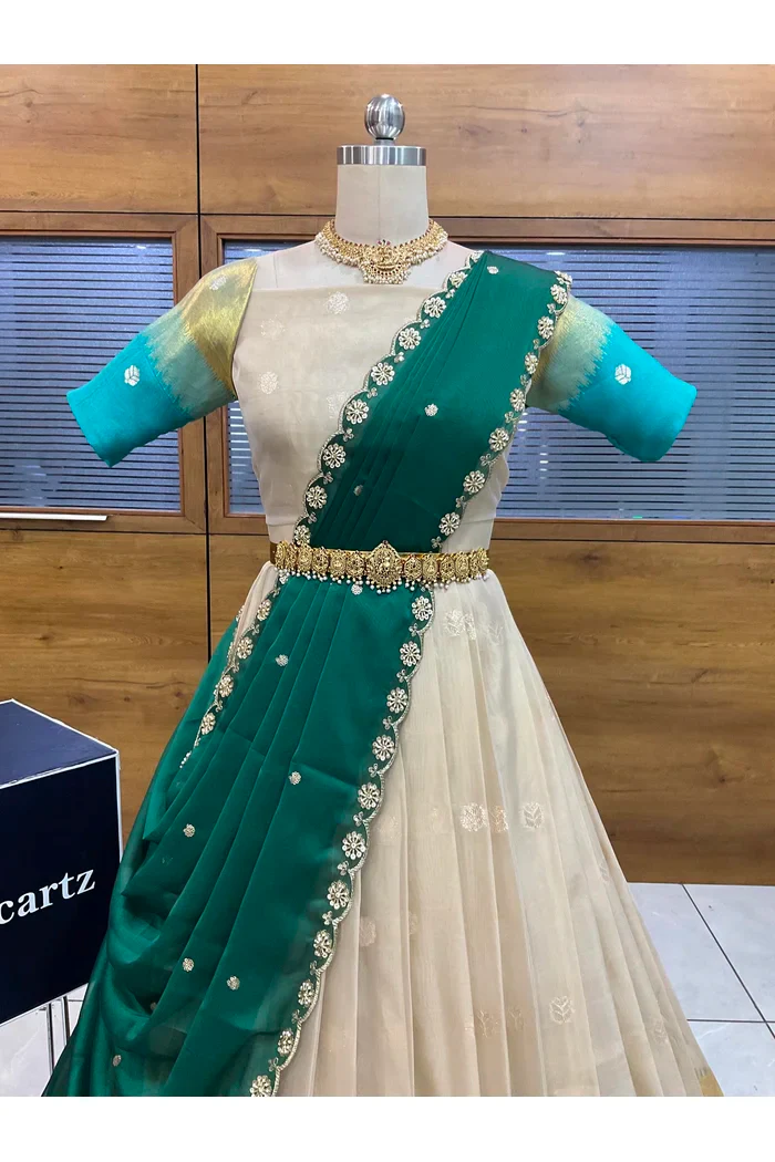 Beautiful South Indian Style Unstitch Half Saree with Blouse and Hand Work Rangoli Dupatta for Women | Dharani - Image 43