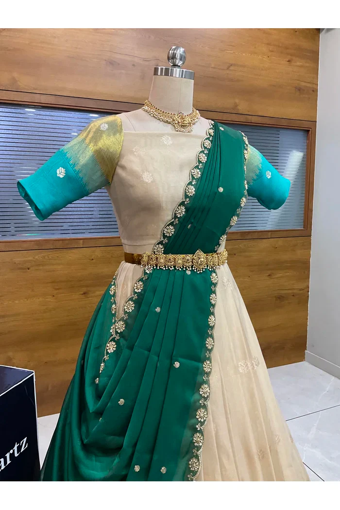 Beautiful South Indian Style Unstitch Half Saree with Blouse and Hand Work Rangoli Dupatta for Women | Dharani - Image 44