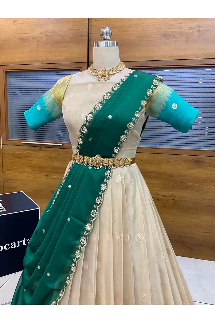 Beautiful South Indian Style Unstitch Half Saree with Blouse and Hand Work Rangoli Dupatta for Women | Dharani - Image 45