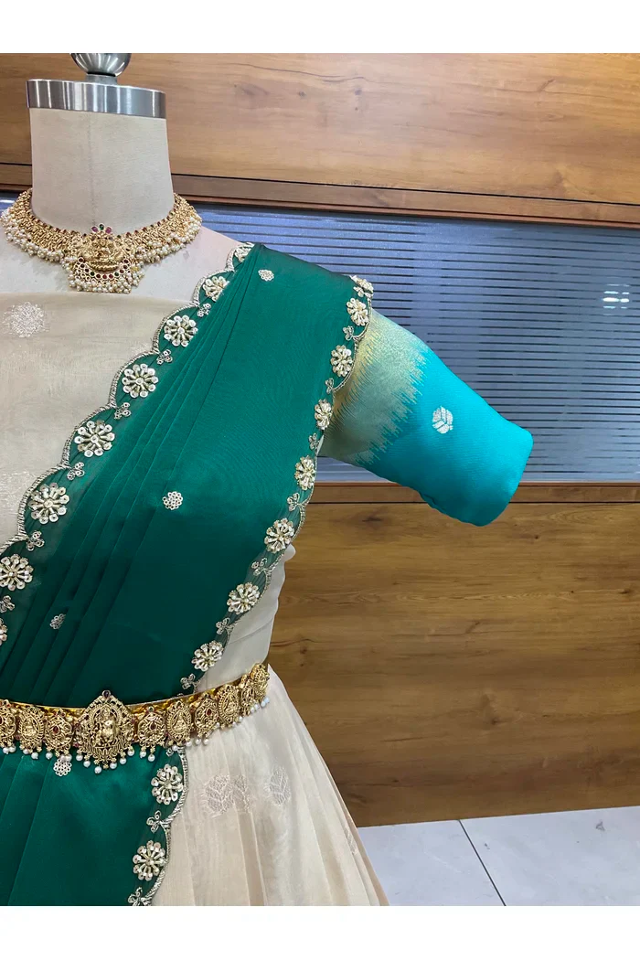 Beautiful South Indian Style Unstitch Half Saree with Blouse and Hand Work Rangoli Dupatta for Women | Dharani - Image 46