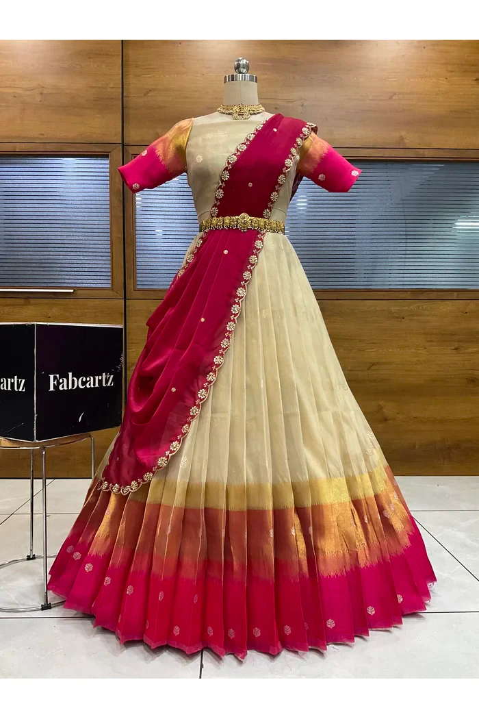 Beautiful South Indian Style Unstitch Half Saree with Blouse and Hand Work Rangoli Dupatta for Women | Dharani - Image 48