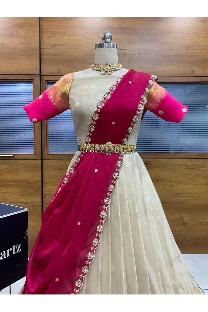 Beautiful South Indian Style Unstitch Half Saree with Blouse and Hand Work Rangoli Dupatta for Women | Dharani - Image 49