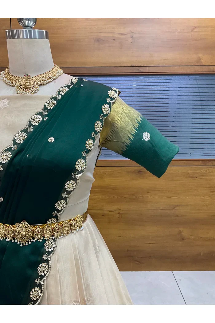 Beautiful South Indian Style Unstitch Half Saree with Blouse and Hand Work Rangoli Dupatta for Women | Dharani - Image 5