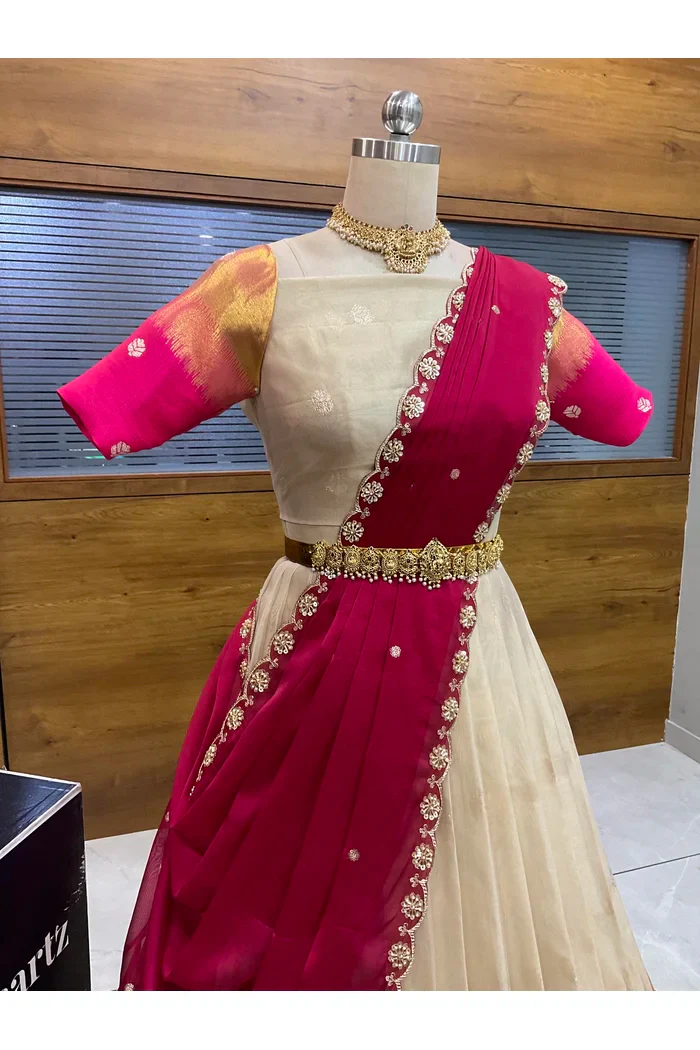 Beautiful South Indian Style Unstitch Half Saree with Blouse and Hand Work Rangoli Dupatta for Women | Dharani - Image 50