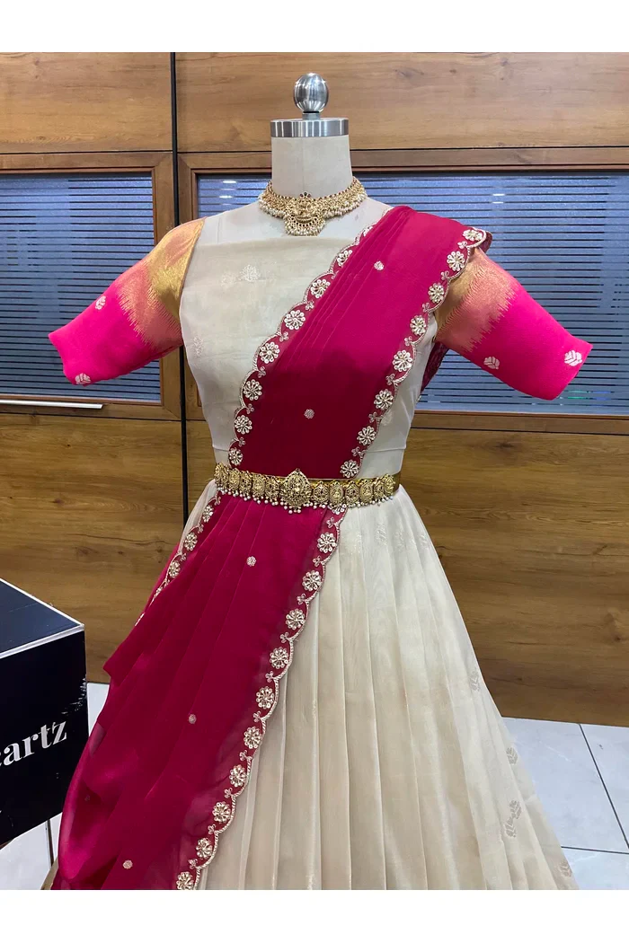 Beautiful South Indian Style Unstitch Half Saree with Blouse and Hand Work Rangoli Dupatta for Women | Dharani - Image 51