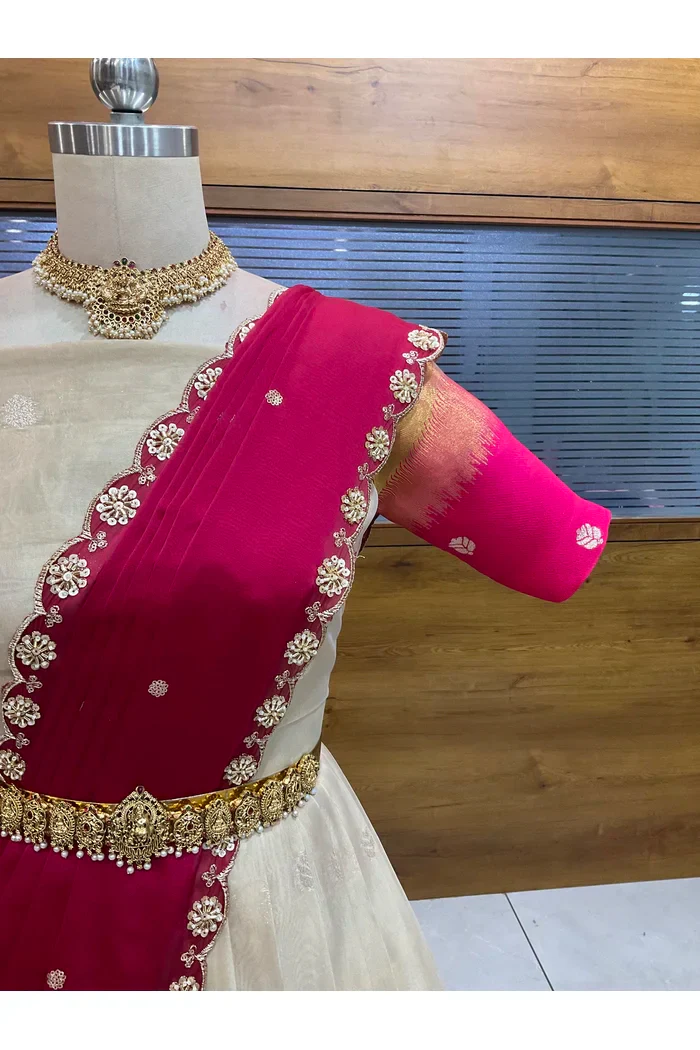 Beautiful South Indian Style Unstitch Half Saree with Blouse and Hand Work Rangoli Dupatta for Women | Dharani - Image 52