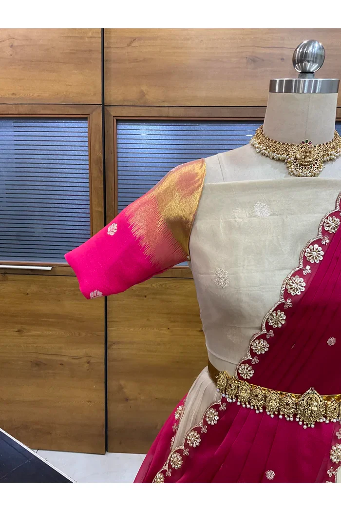 Beautiful South Indian Style Unstitch Half Saree with Blouse and Hand Work Rangoli Dupatta for Women | Dharani - Image 53