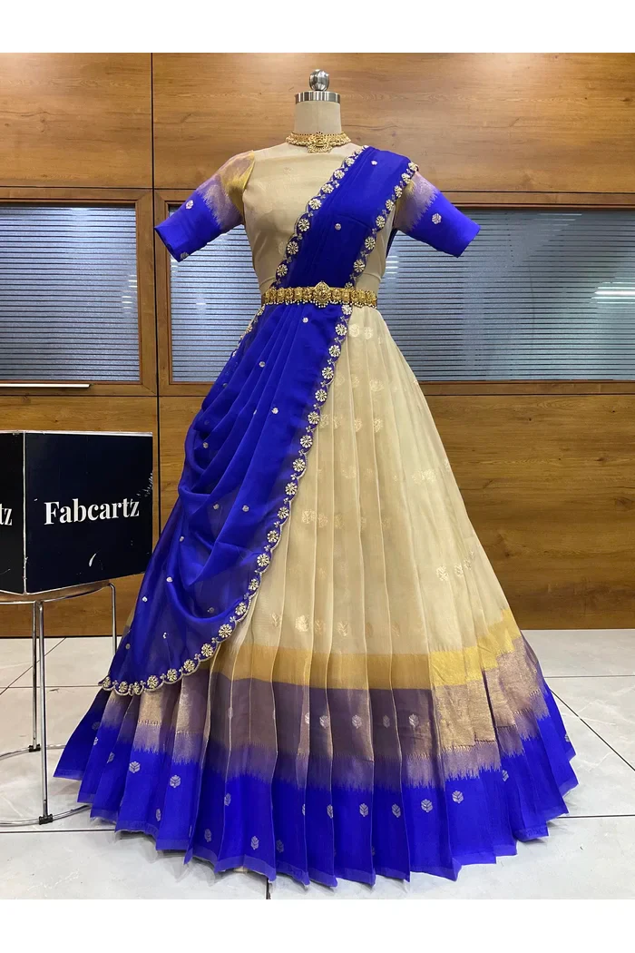 Beautiful South Indian Style Unstitch Half Saree with Blouse and Hand Work Rangoli Dupatta for Women | Dharani - Image 55