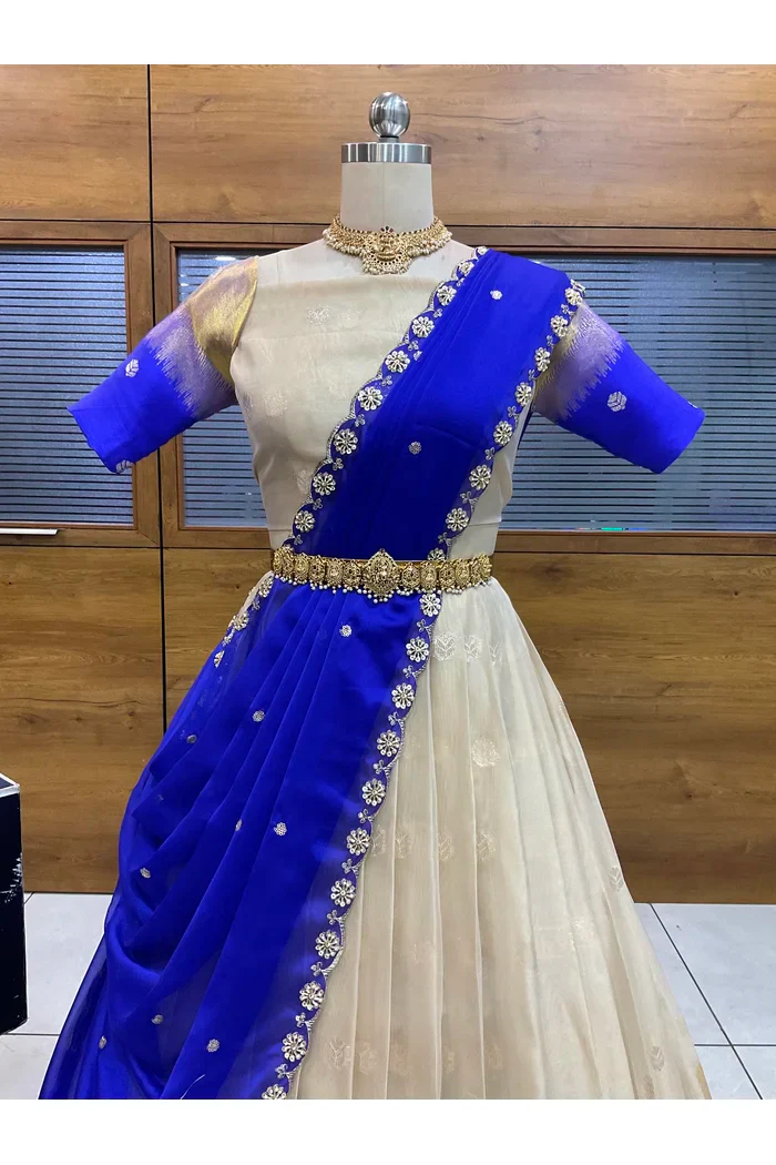 Beautiful South Indian Style Unstitch Half Saree with Blouse and Hand Work Rangoli Dupatta for Women | Dharani - Image 56