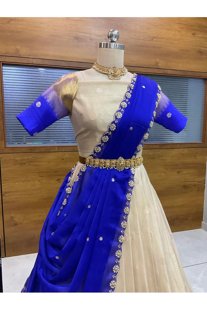Beautiful South Indian Style Unstitch Half Saree with Blouse and Hand Work Rangoli Dupatta for Women | Dharani - Image 57