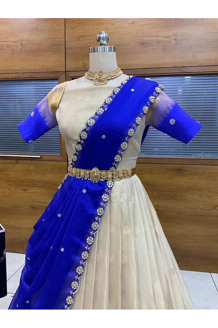 Beautiful South Indian Style Unstitch Half Saree with Blouse and Hand Work Rangoli Dupatta for Women | Dharani - Image 58