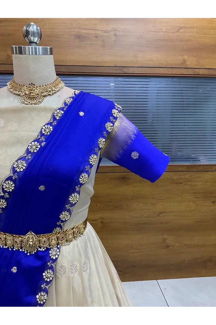 Beautiful South Indian Style Unstitch Half Saree with Blouse and Hand Work Rangoli Dupatta for Women | Dharani - Image 59