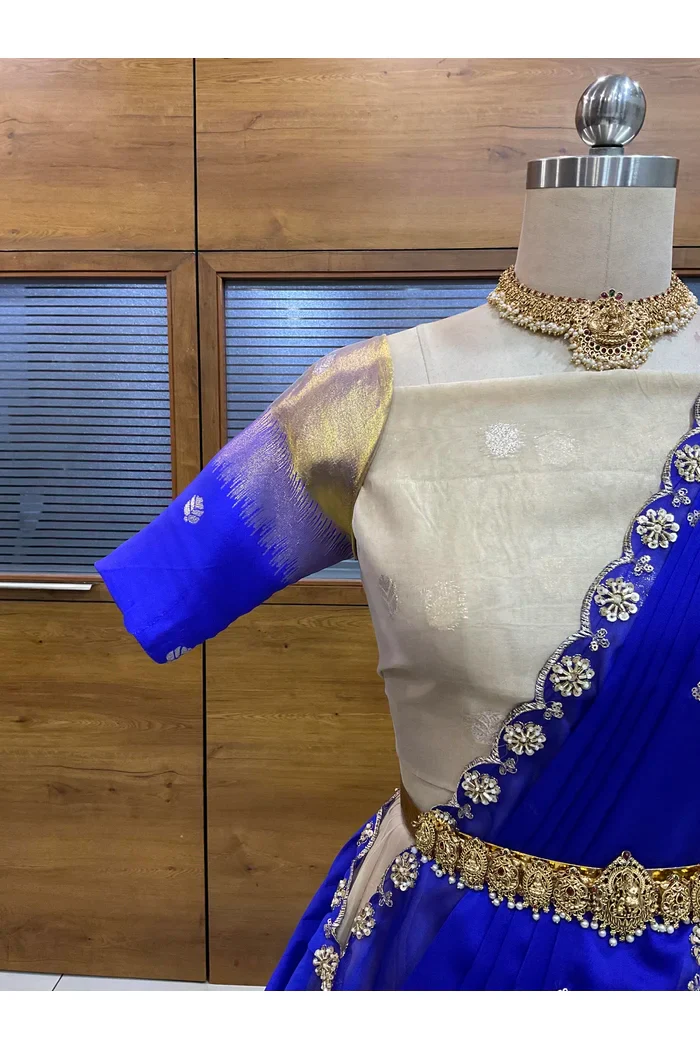Beautiful South Indian Style Unstitch Half Saree with Blouse and Hand Work Rangoli Dupatta for Women | Dharani - Image 60