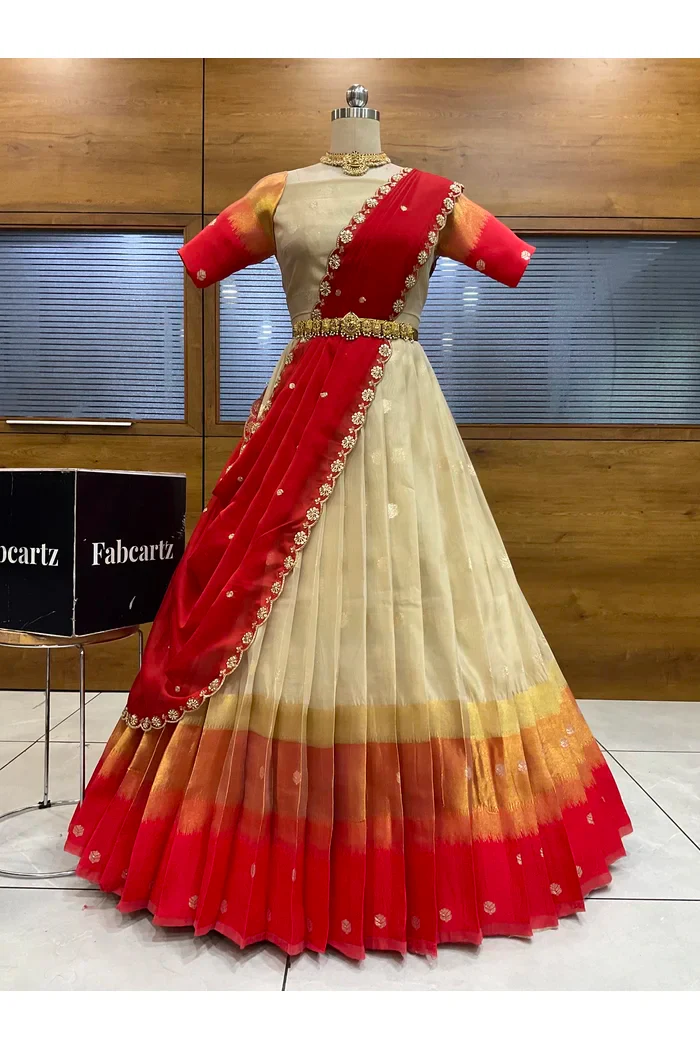 Beautiful South Indian Style Unstitch Half Saree with Blouse and Hand Work Rangoli Dupatta for Women | Dharani - Image 62