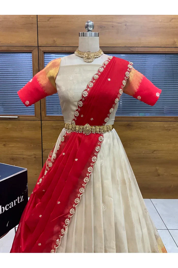 Beautiful South Indian Style Unstitch Half Saree with Blouse and Hand Work Rangoli Dupatta for Women | Dharani - Image 63