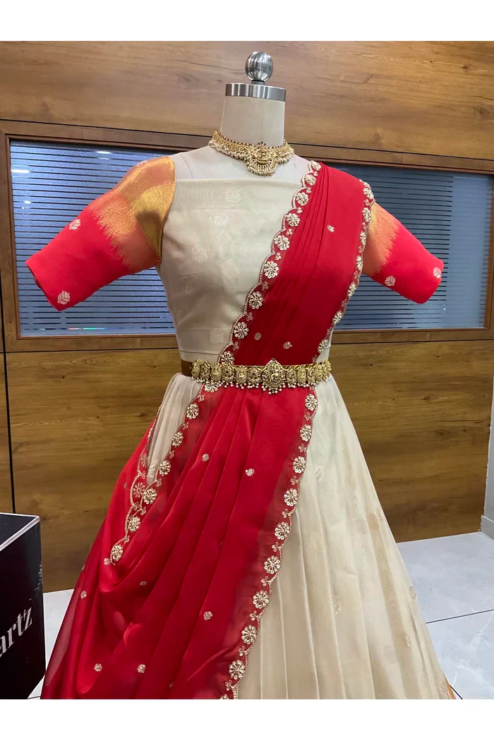 Beautiful South Indian Style Unstitch Half Saree with Blouse and Hand Work Rangoli Dupatta for Women | Dharani - Image 64