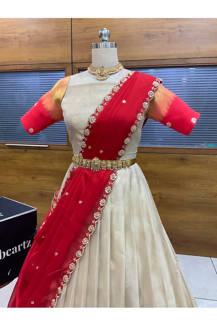 Beautiful South Indian Style Unstitch Half Saree with Blouse and Hand Work Rangoli Dupatta for Women | Dharani - Image 65