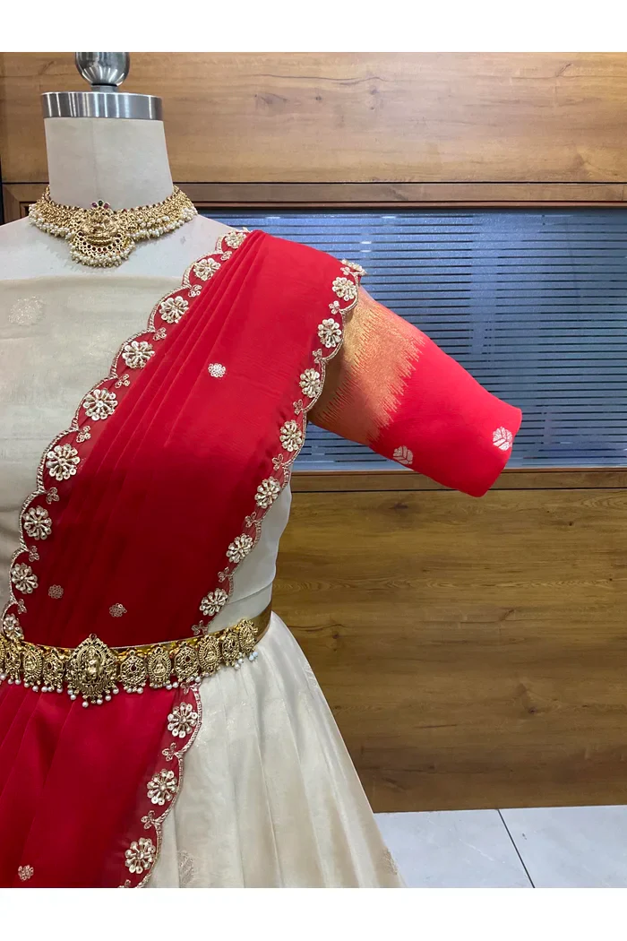 Beautiful South Indian Style Unstitch Half Saree with Blouse and Hand Work Rangoli Dupatta for Women | Dharani - Image 66