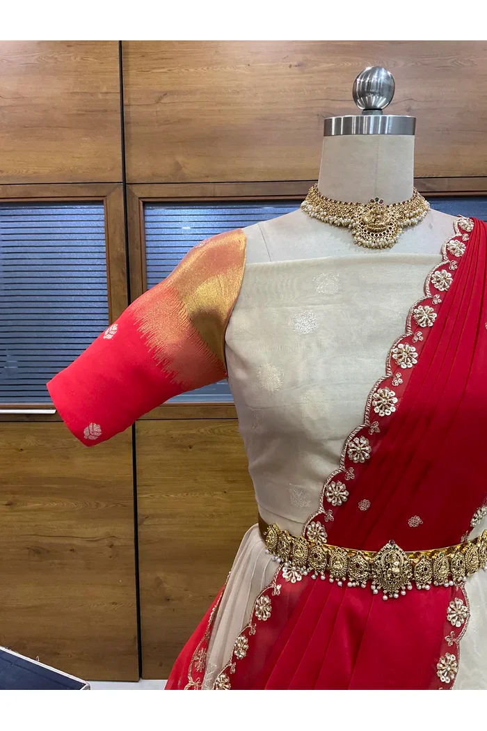 Beautiful South Indian Style Unstitch Half Saree with Blouse and Hand Work Rangoli Dupatta for Women | Dharani - Image 67