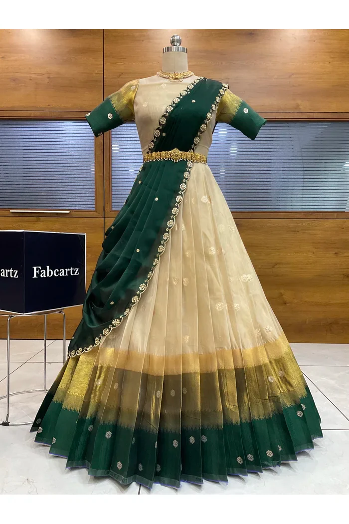 Beautiful South Indian Style Unstitch Half Saree with Blouse and Hand Work Rangoli Dupatta for Women | Dharani - Image 69