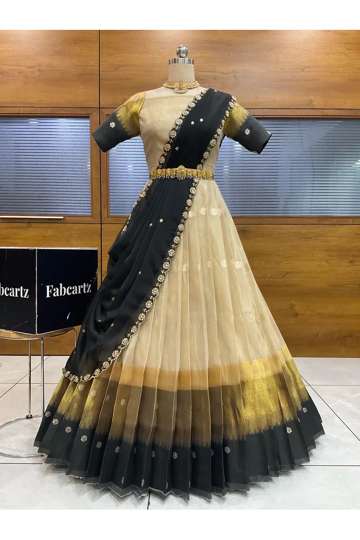 Beautiful South Indian Style Unstitch Half Saree with Blouse and Hand Work Rangoli Dupatta for Women | Dharani - Image 7