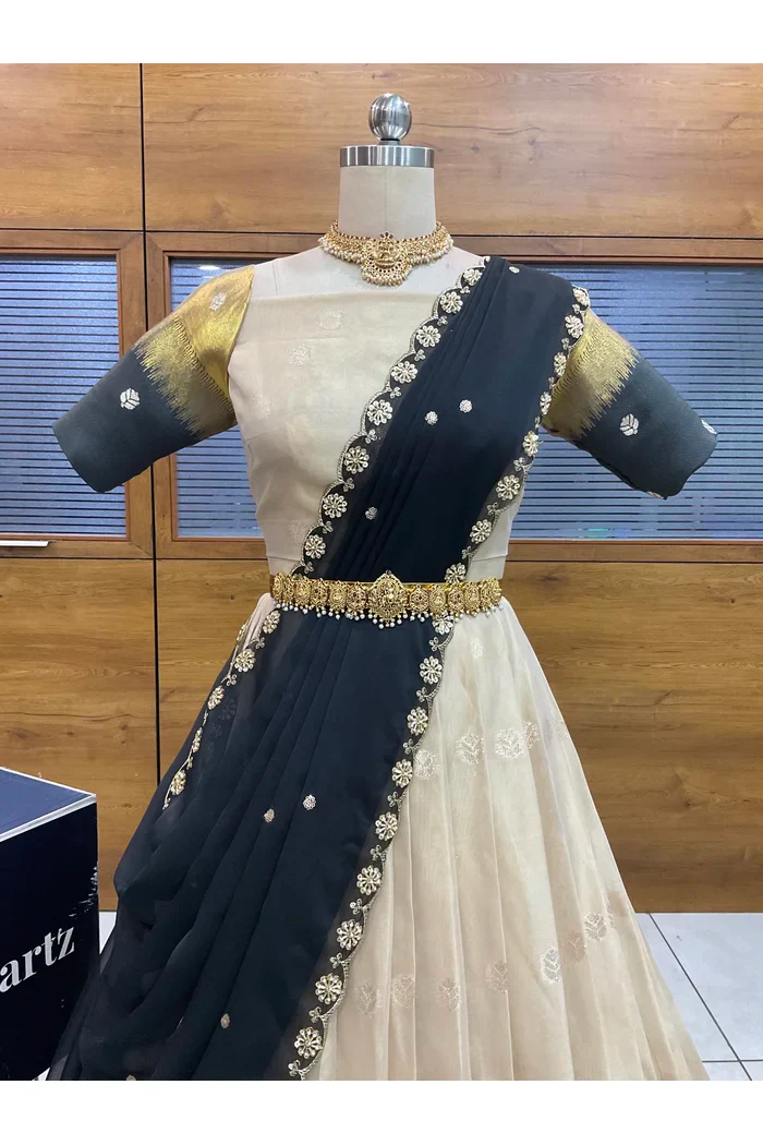 Beautiful South Indian Style Unstitch Half Saree with Blouse and Hand Work Rangoli Dupatta for Women | Dharani - Image 8