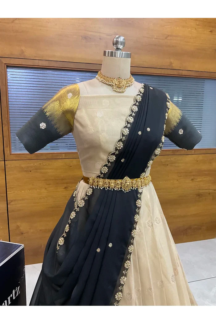 Beautiful South Indian Style Unstitch Half Saree with Blouse and Hand Work Rangoli Dupatta for Women | Dharani - Image 9