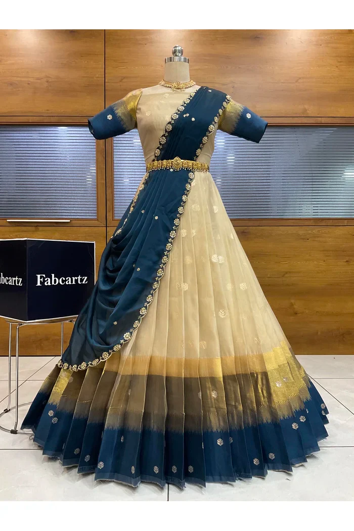 Beautiful South Indian Style Unstitch Half Saree with Blouse and Hand Work Rangoli Dupatta for Women | Dharani - Image 95