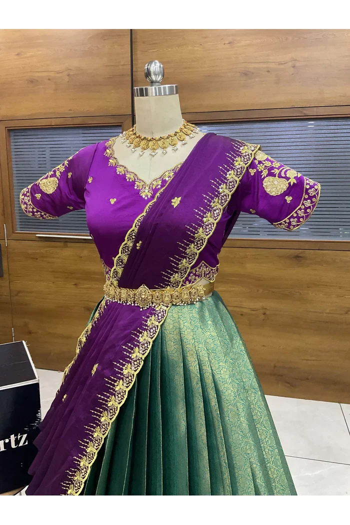 Beautiful South Indian Style Half Saree with Embroidery Blouse and Dupatta for Women | Kalyani - Image 14