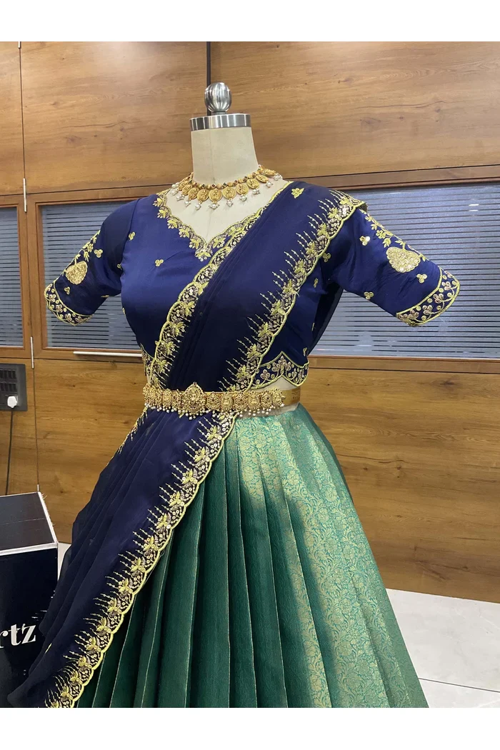 Beautiful South Indian Style Half Saree with Embroidery Blouse and Dupatta for Women | Kalyani - Image 21