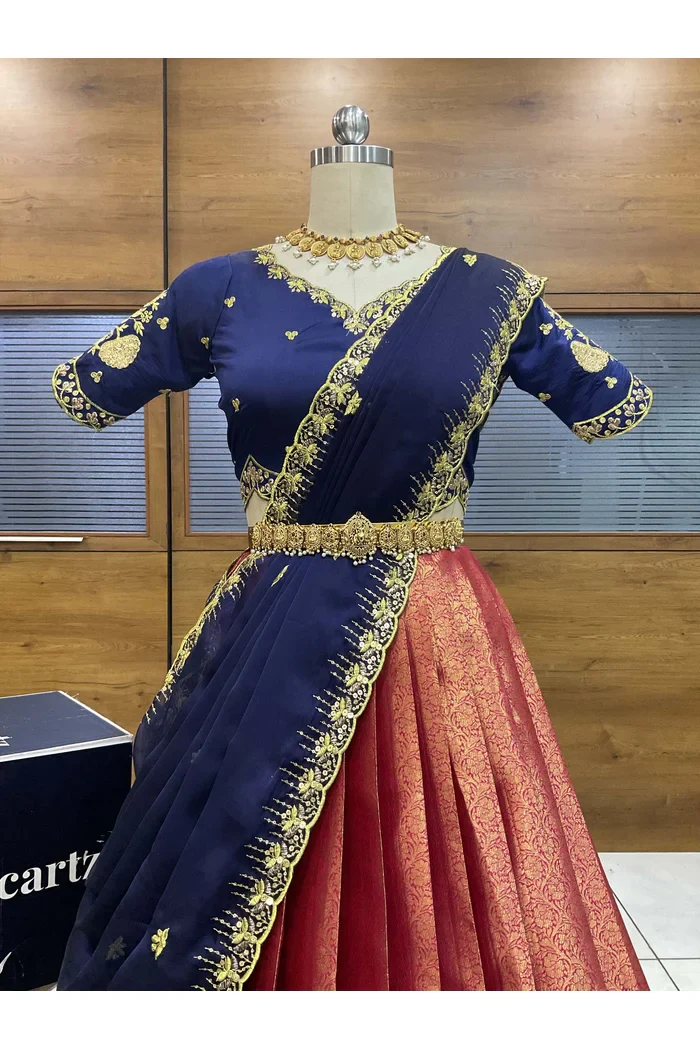 Beautiful South Indian Style Half Saree with Embroidery Blouse and Dupatta for Women | Kalyani - Image 24