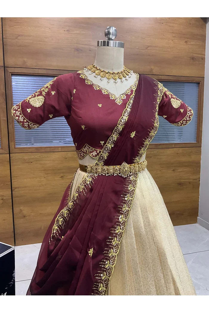Beautiful South Indian Style Half Saree with Embroidery Blouse and Dupatta for Women | Kalyani - Image 3