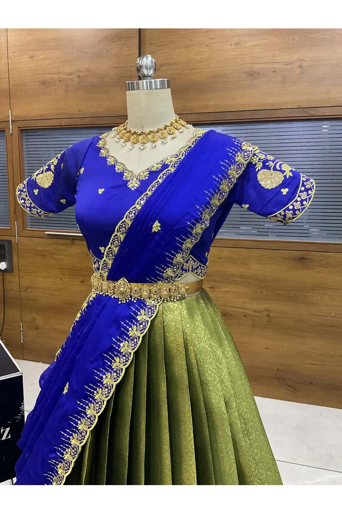 Beautiful South Indian Style Half Saree with Embroidery Blouse and Dupatta for Women | Kalyani - Image 32