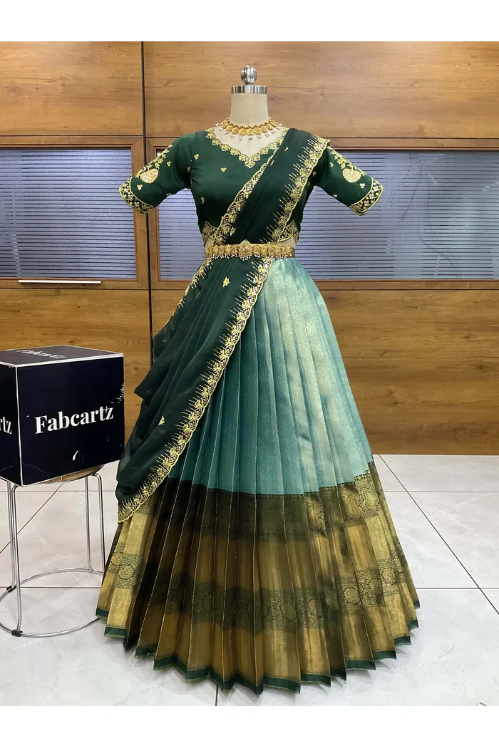 Beautiful South Indian Style Half Saree with Embroidery Blouse and Dupatta for Women | Kalyani - Image 34