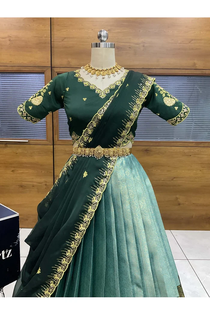 Beautiful South Indian Style Half Saree with Embroidery Blouse and Dupatta for Women | Kalyani - Image 35