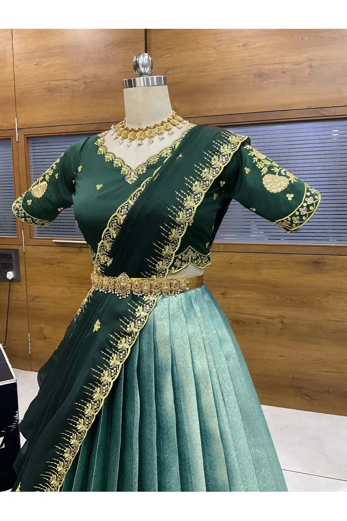 Beautiful South Indian Style Half Saree with Embroidery Blouse and Dupatta for Women | Kalyani - Image 36