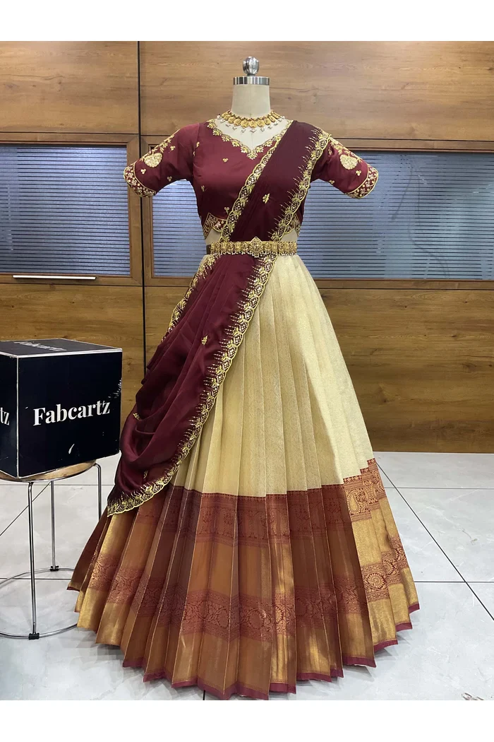 Beautiful South Indian Style Half Saree with Embroidery Blouse and Dupatta for Women | Kalyani - Image 40