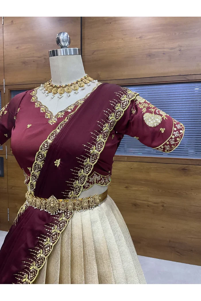 Beautiful South Indian Style Half Saree with Embroidery Blouse and Dupatta for Women | Kalyani - Image 5