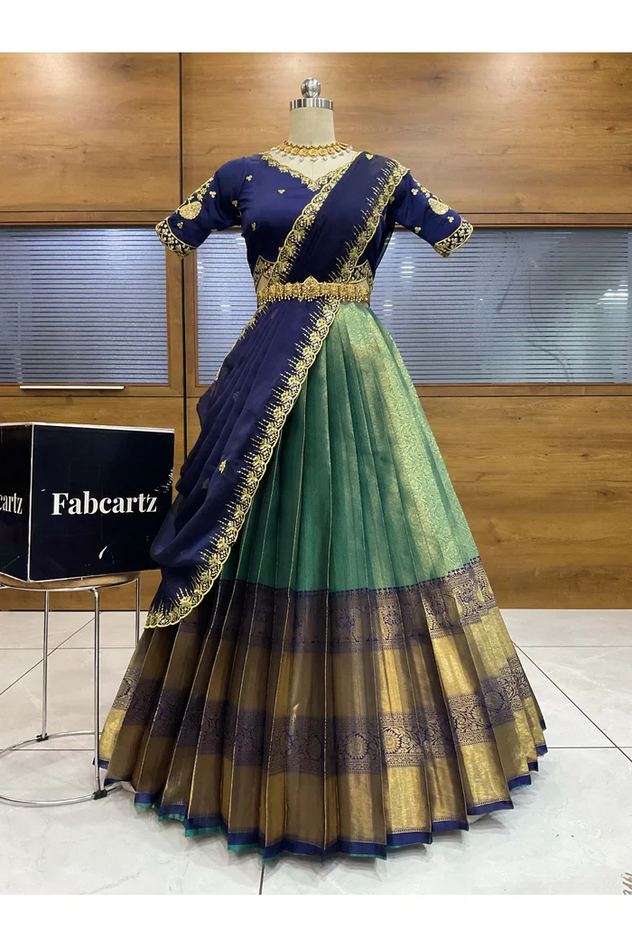 Beautiful South Indian Style Half Saree with Embroidery Blouse and Dupatta for Women | Kalyani - Image 64