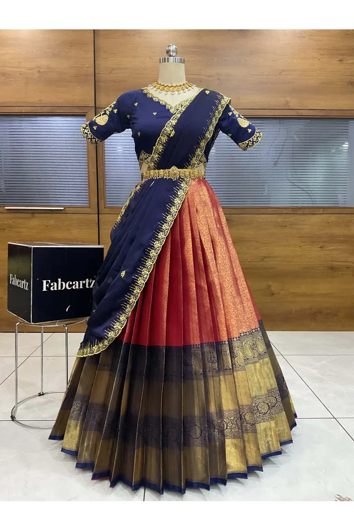 Beautiful South Indian Style Half Saree with Embroidery Blouse and Dupatta for Women | Kalyani - Image 72