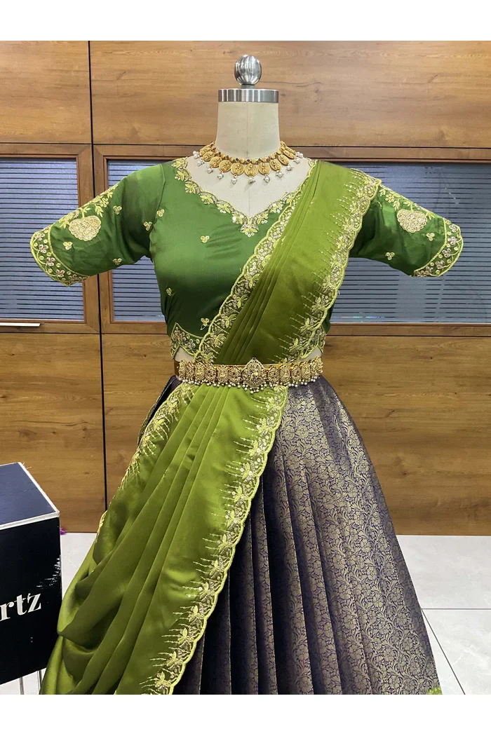 Beautiful South Indian Style Half Saree with Embroidery Blouse and Dupatta for Women | Kalyani - Image 8