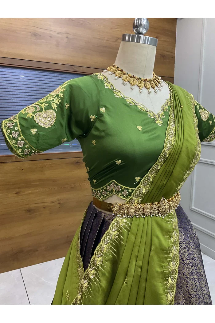 Beautiful South Indian Style Half Saree with Embroidery Blouse and Dupatta for Women | Kalyani - Image 9