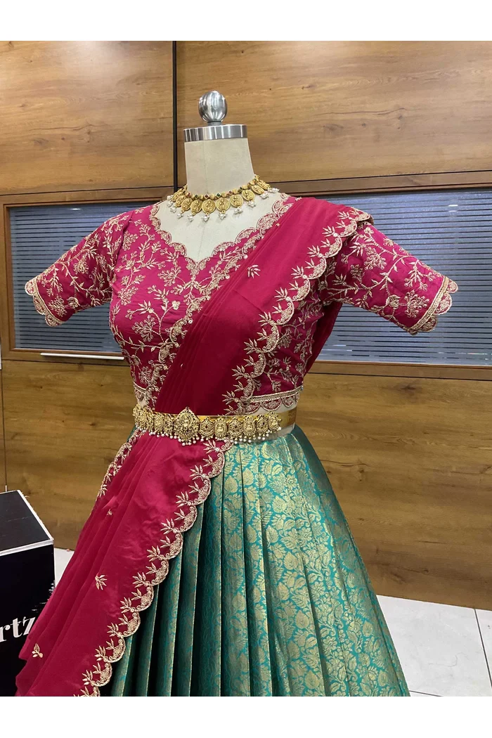 Beautiful South Indian Style Unstitch Half Saree with Embroidery Blouse and Dupatta for Women | Rashmika - Image 10