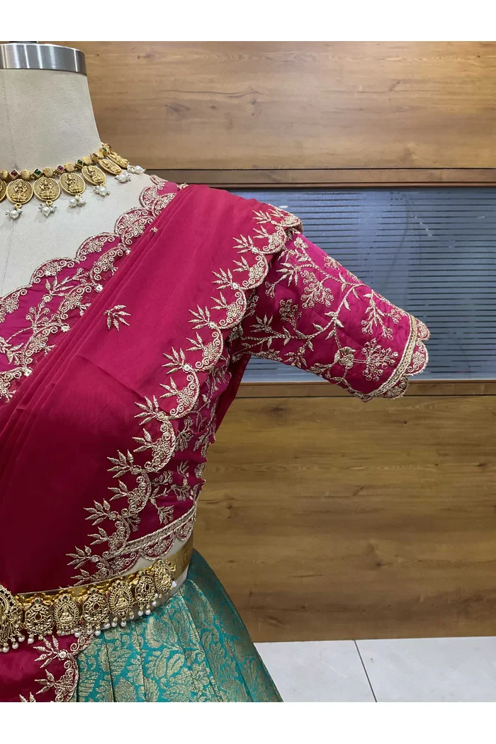 Beautiful South Indian Style Unstitch Half Saree with Embroidery Blouse and Dupatta for Women | Rashmika - Image 11