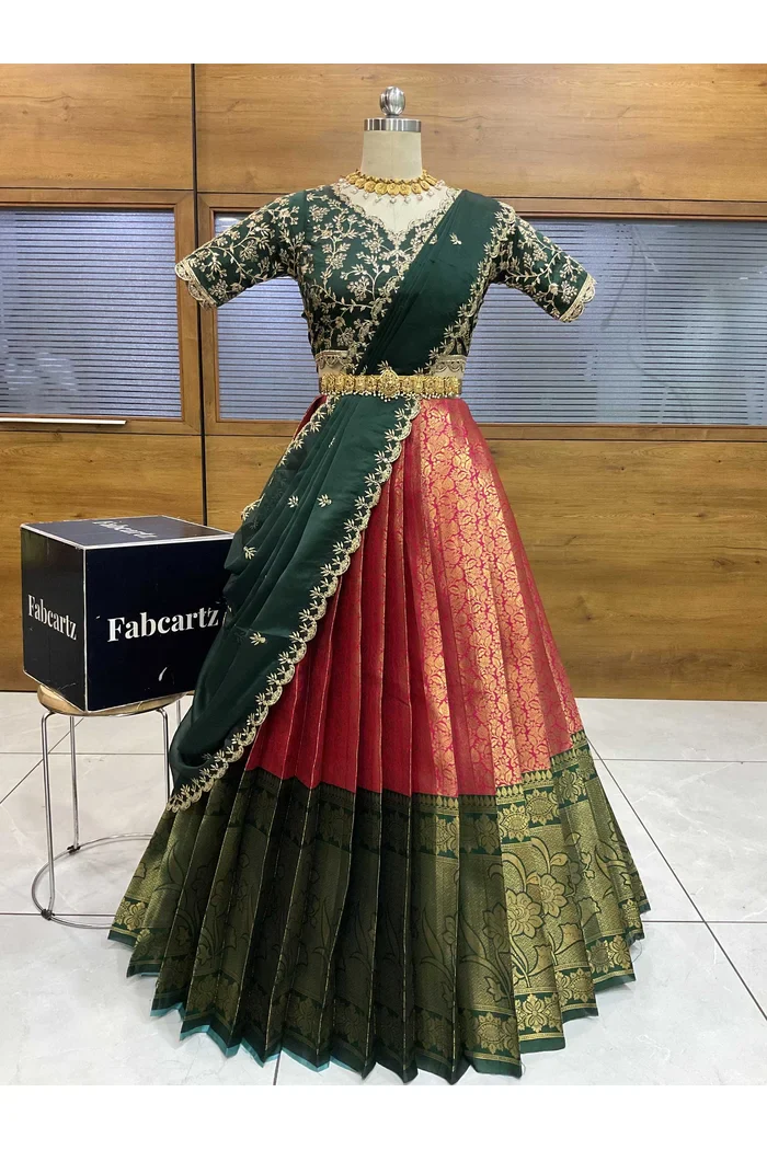 Beautiful South Indian Style Unstitch Half Saree with Embroidery Blouse and Dupatta for Women | Rashmika - Image 13