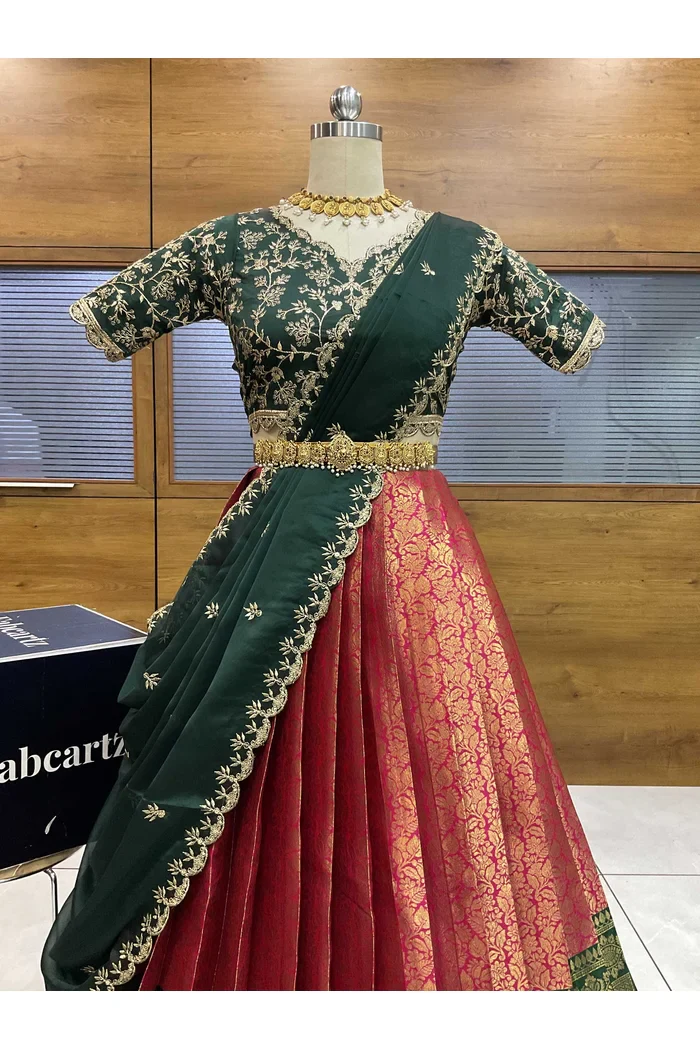 Beautiful South Indian Style Unstitch Half Saree with Embroidery Blouse and Dupatta for Women | Rashmika - Image 14