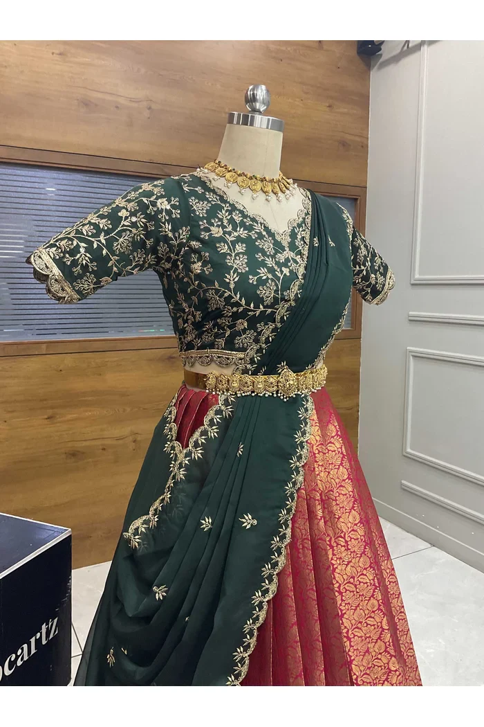 Beautiful South Indian Style Unstitch Half Saree with Embroidery Blouse and Dupatta for Women | Rashmika - Image 15